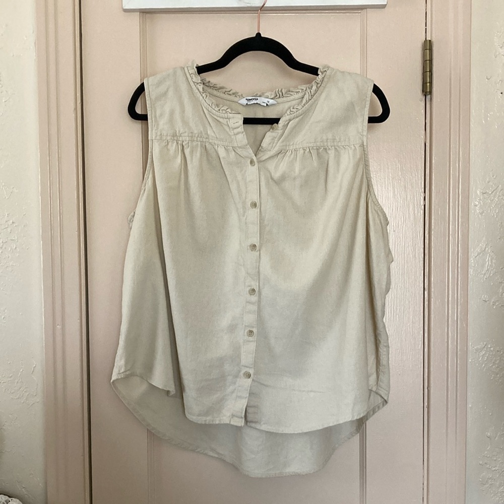 Sonoma 1x Sand Beige Ruffle Neck Button Front Tank Top Linen Blend